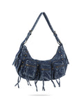 Biker Fringe-Detail Multi-Pocket Crescent Shoulder Bag