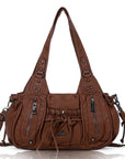 Vintage Studded Multi-Pocket Slouchy Tote Shoulder Bag