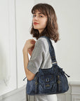 Washed Western Studded Shoulder Tote Bag with Lace-Up Detail