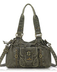 Washed Western Studded Shoulder Tote Bag with Lace-Up Detail