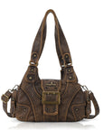 Buckle-Front Multi-Pocket Hobo Shoulder Bag