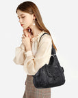 Vintage Multi-Pocket PU Shoulder Bag with Detachable Crossbody Strap