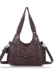 Vintage Multi-Pocket PU Shoulder Bag with Detachable Crossbody Strap
