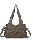 Vintage Multi-Pocket PU Shoulder Bag with Detachable Crossbody Strap
