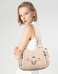 Vintage Multi-Pocket PU Shoulder Bag with Detachable Crossbody Strap