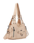 Vintage Multi-Pocket PU Shoulder Bag with Detachable Crossbody Strap