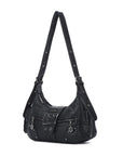 Moto-Inspired Multi-Pocket Crescent Shoulder Bag
