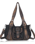 Curved-Panel Studded Buckle Shoulder Tote Bag