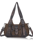 Curved-Panel Studded Buckle Shoulder Tote Bag