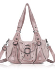 Curved-Panel Studded Buckle Shoulder Tote Bag