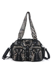 Rock-Chic Leopard Print Studded Multi-Pocket Shoulder Bag