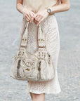 Washed Western Studded Shoulder Tote Bag with Lace-Up Detail