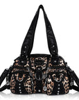 Rock-Chic Leopard Print Studded Multi-Pocket Shoulder Bag