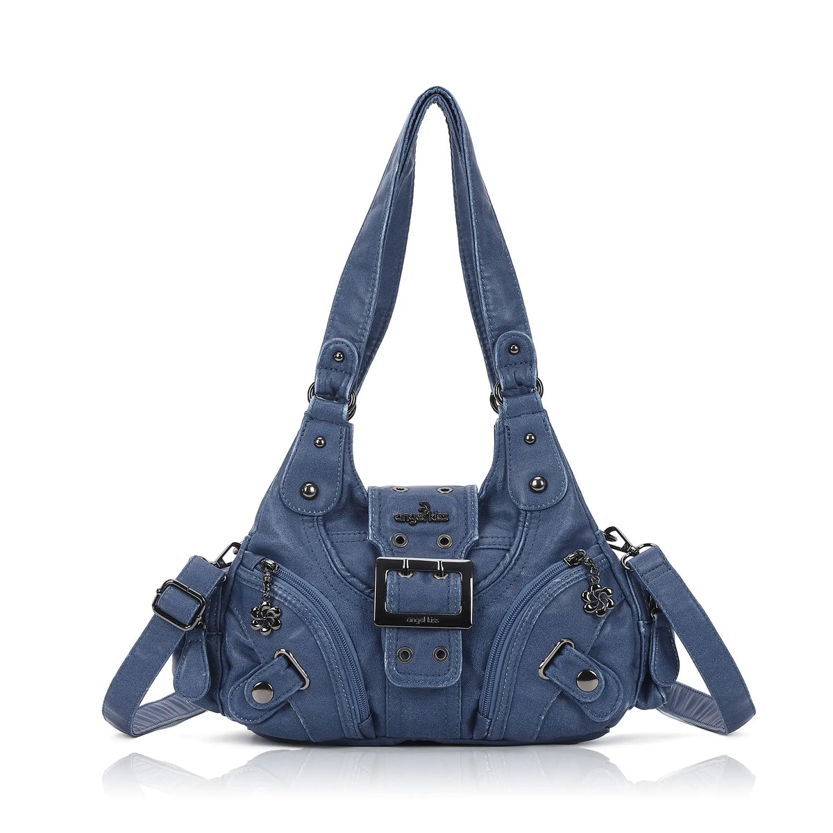 Buckle-Detail Convertible Multi-Pocket Shoulder Bag