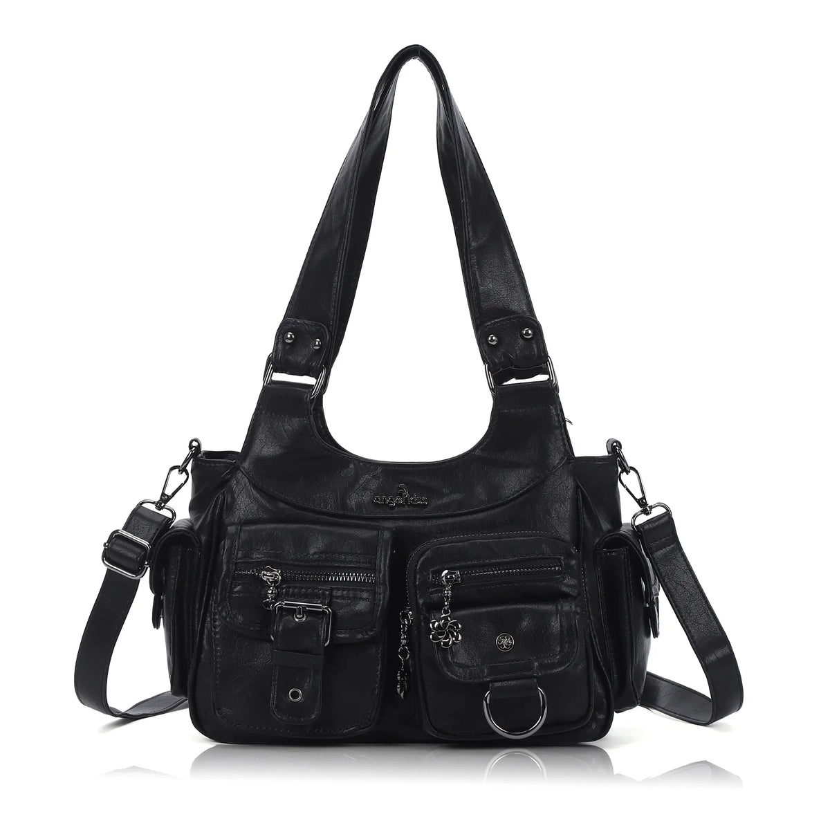 Washed-Effect Convertible Multi-Pocket Shoulder Bag