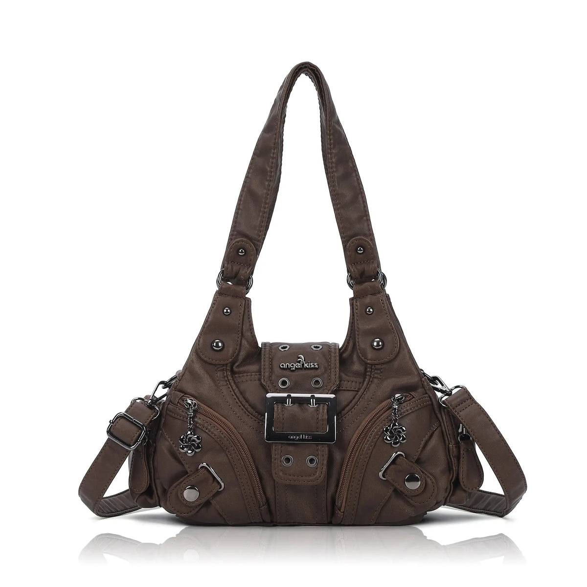 Buckle-Detail Convertible Multi-Pocket Shoulder Bag