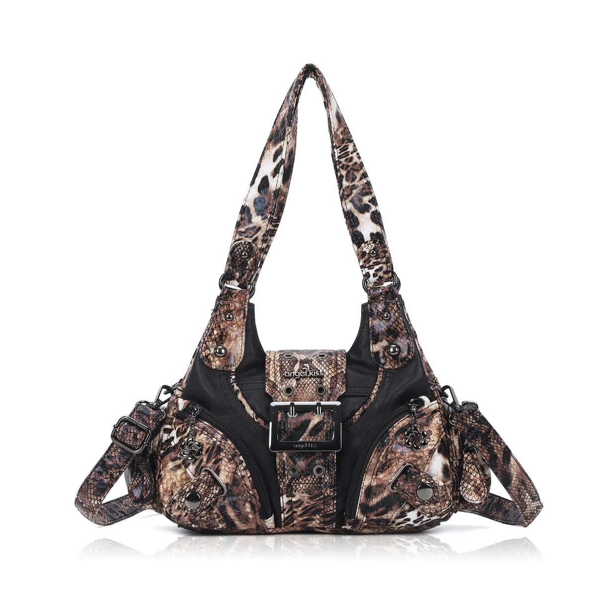 Buckle-Detail Convertible Multi-Pocket Shoulder Bag