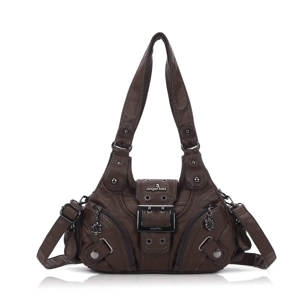 Buckle-Detail Convertible Multi-Pocket Shoulder Bag