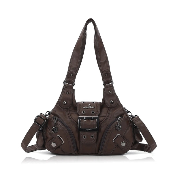 Buckle-Detail Convertible Multi-Pocket Shoulder Bag