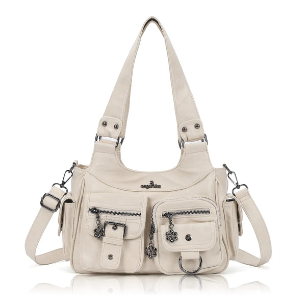 Washed-Effect Convertible Multi-Pocket Shoulder Bag