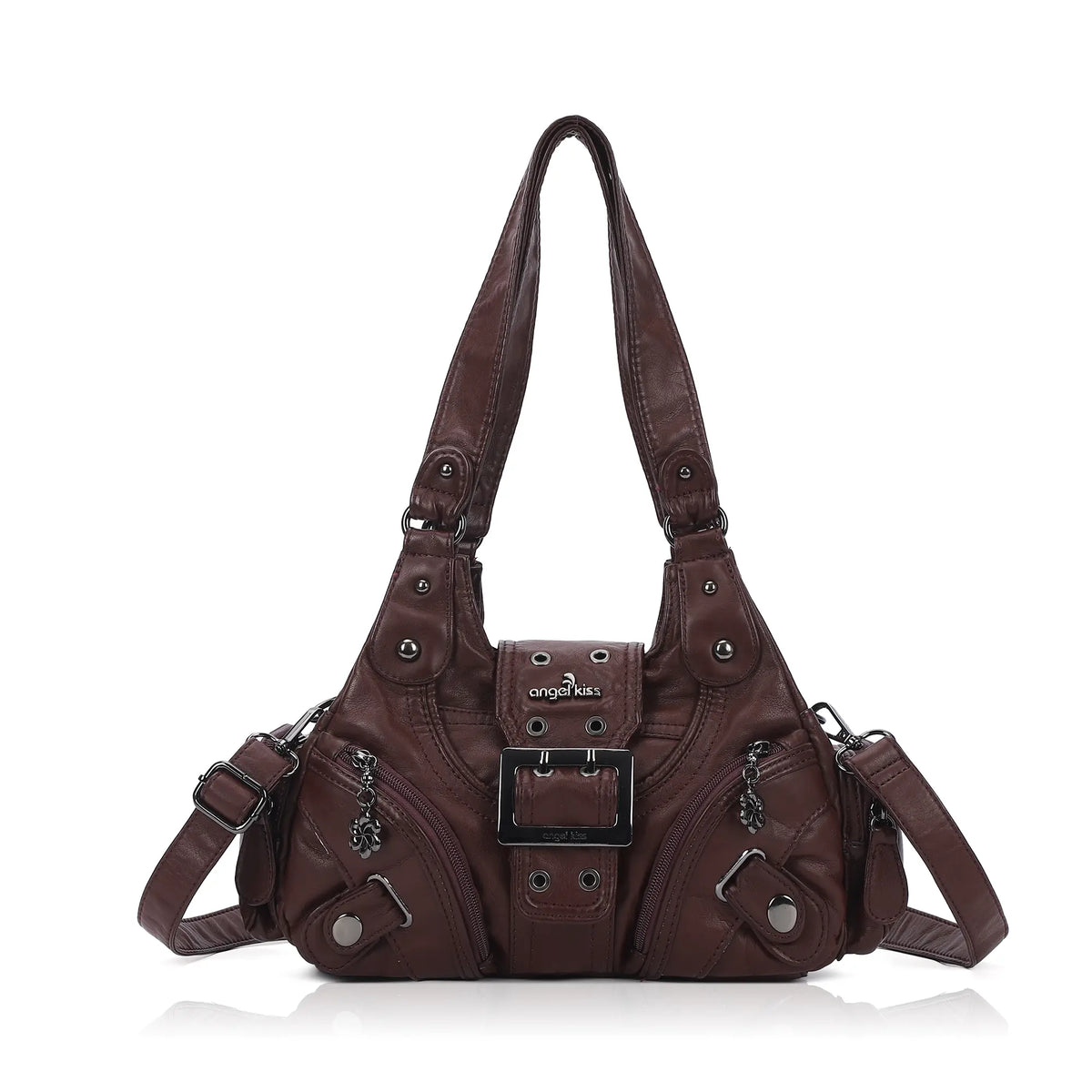 Buckle-Detail Convertible Multi-Pocket Shoulder Bag