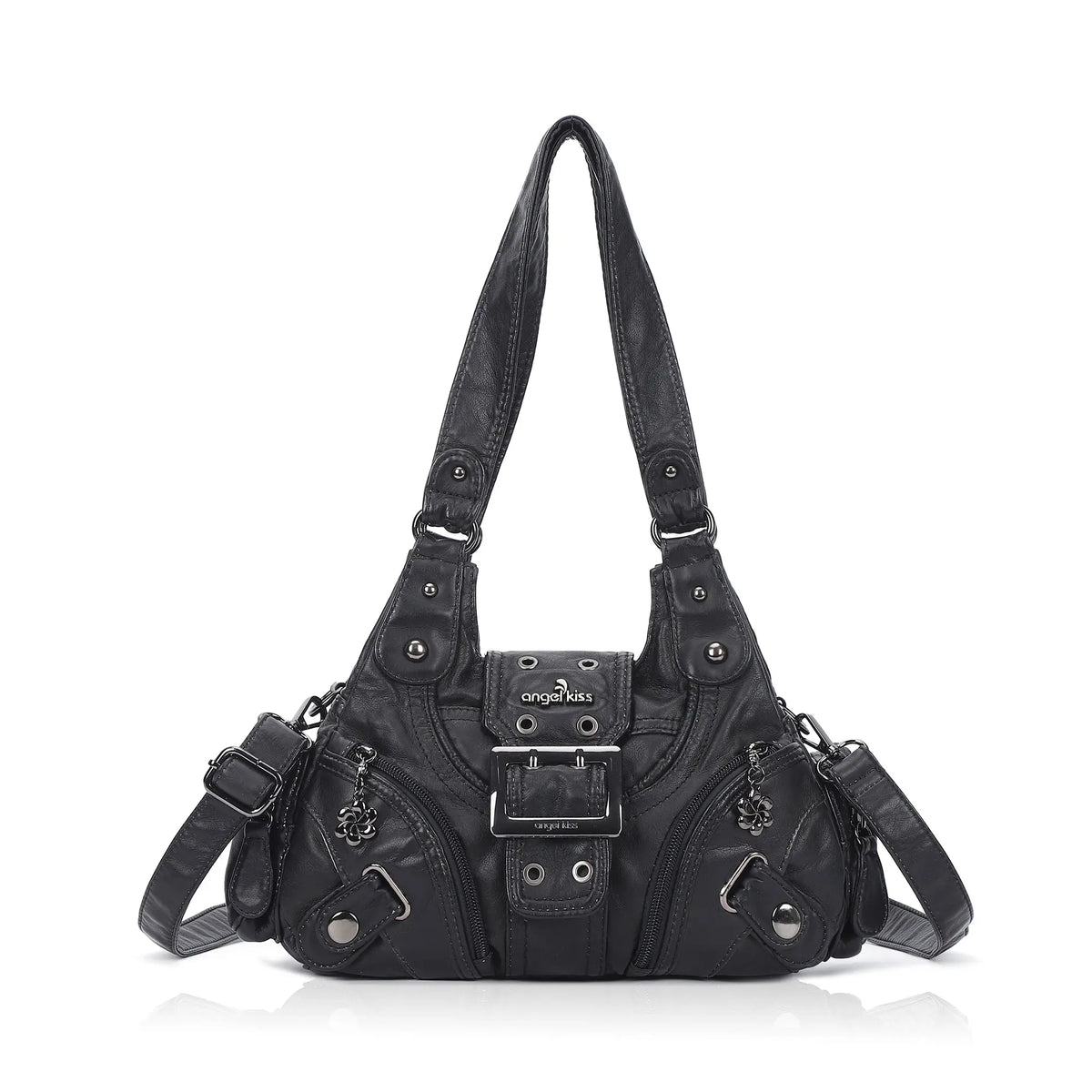 Buckle-Detail Convertible Multi-Pocket Shoulder Bag