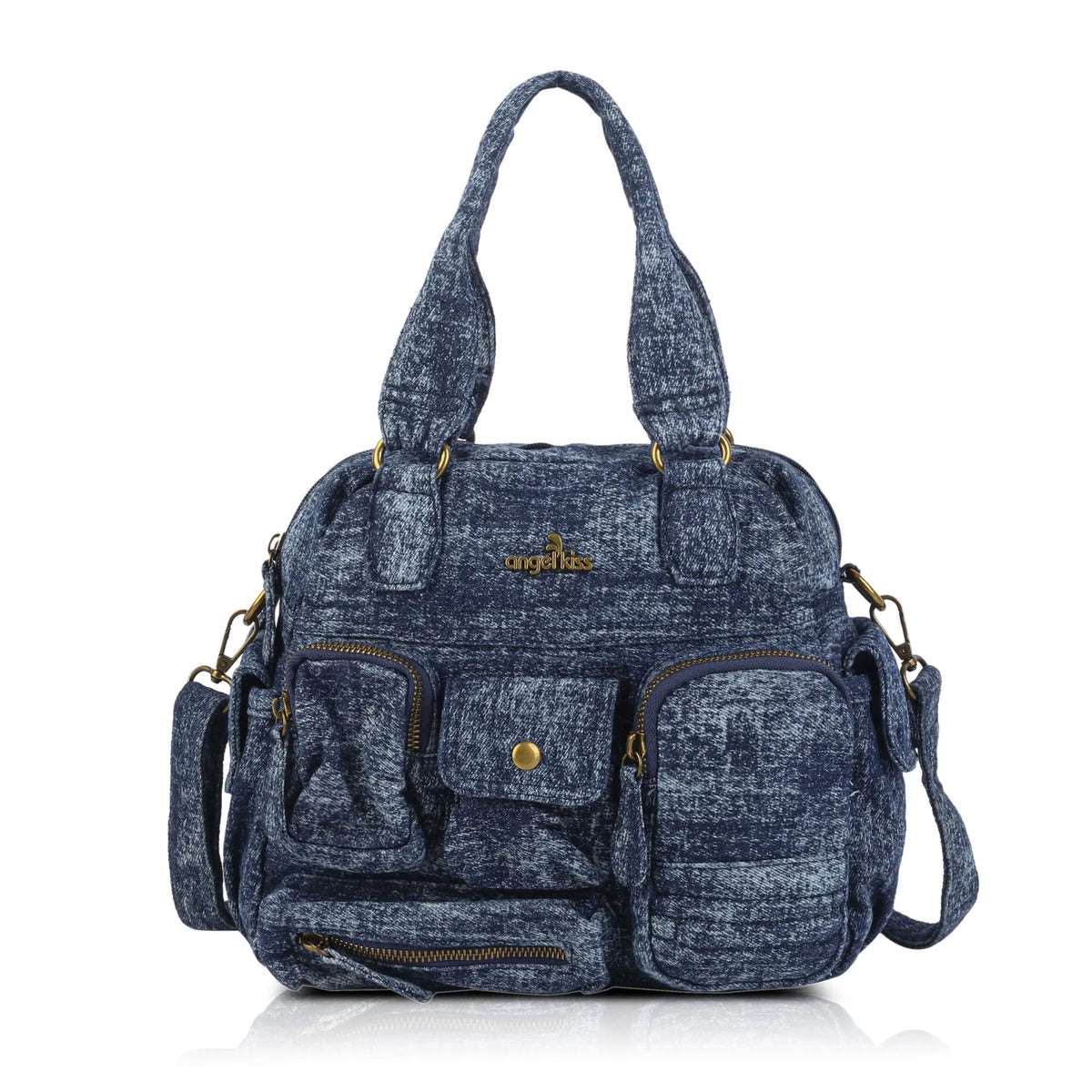 Washed Denim Multi-Pocket Satchel Bag