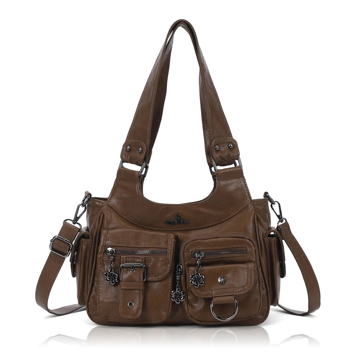Washed-Effect Convertible Multi-Pocket Shoulder Bag