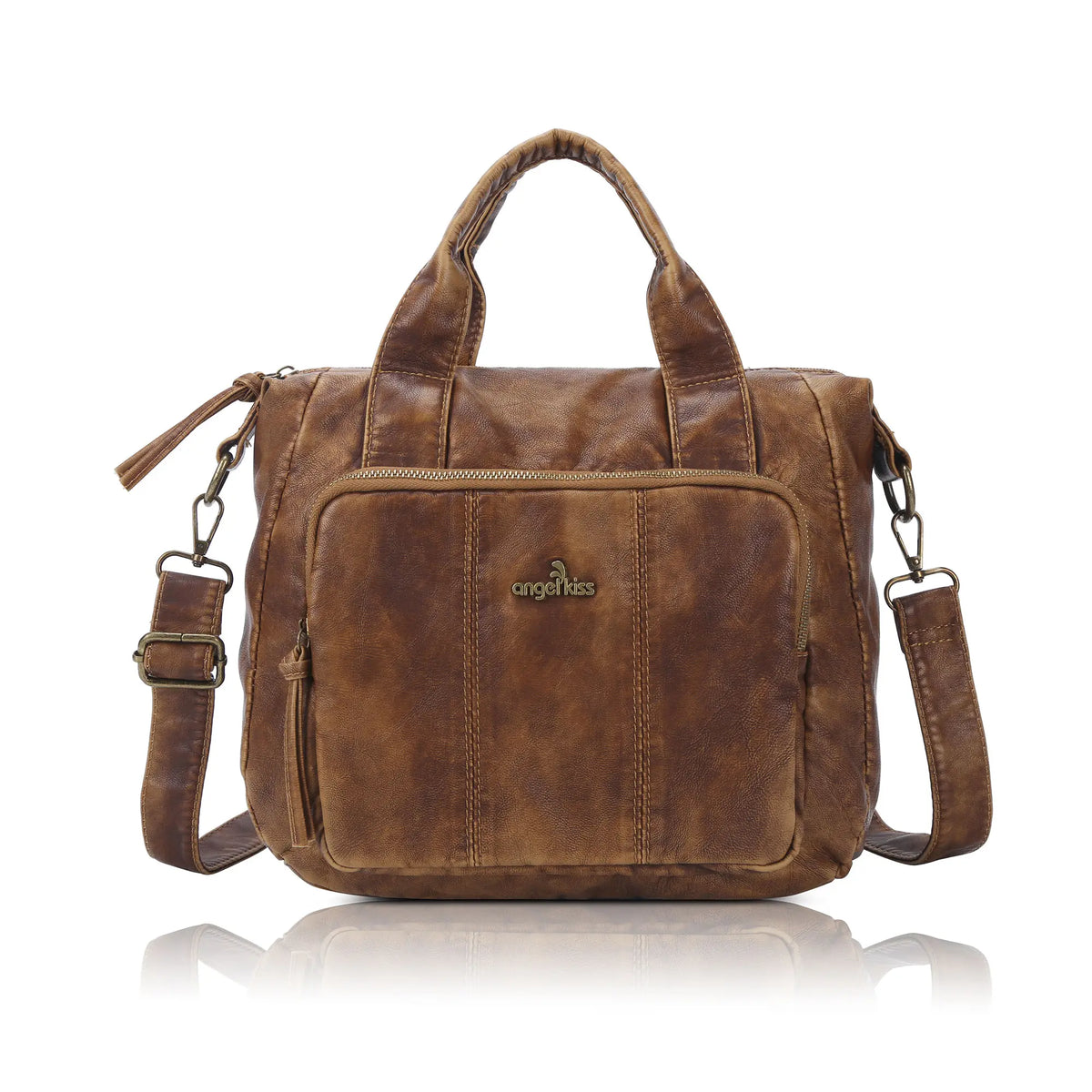 Vintage Washed PU Front-Pocket Satchel Bag