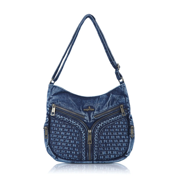 Textured Denim Crescent Shoulder Bag