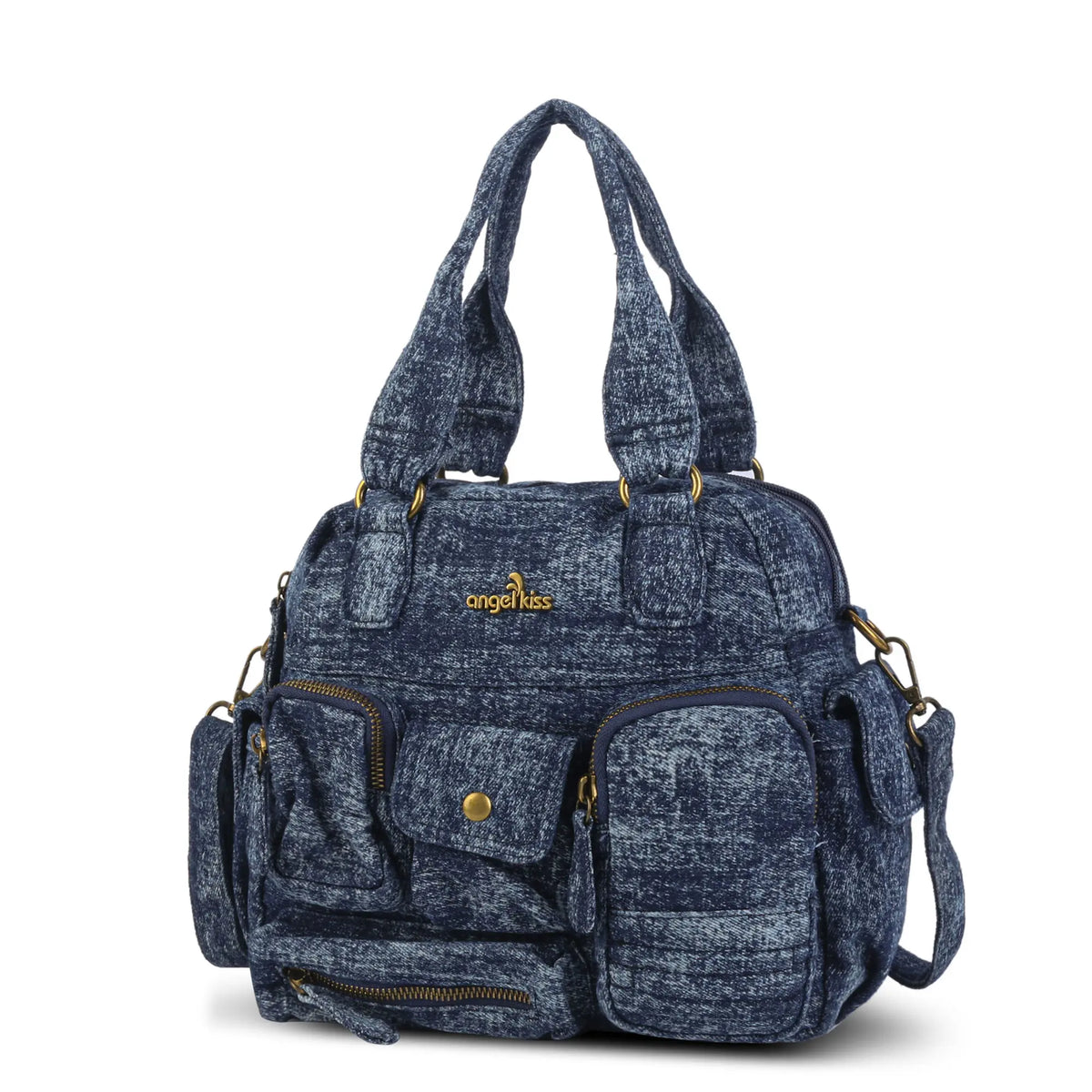 Washed Denim Multi-Pocket Satchel Bag