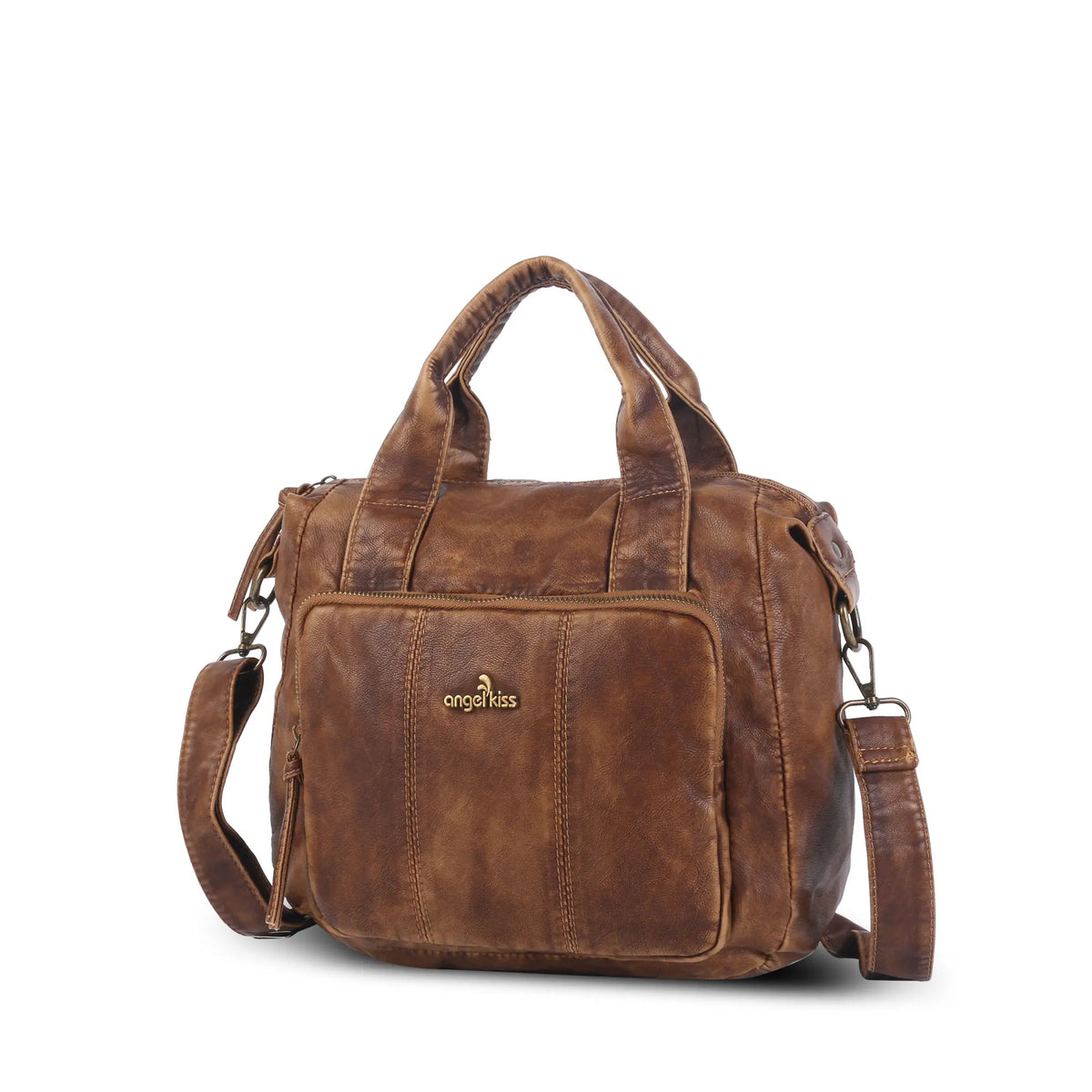 Vintage Washed PU Front-Pocket Satchel Bag
