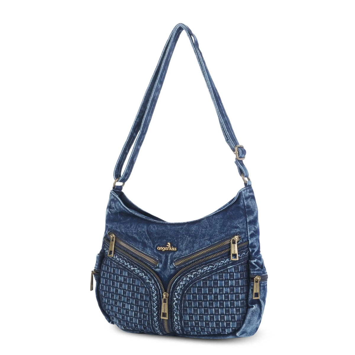 Textured Denim Crescent Shoulder Bag