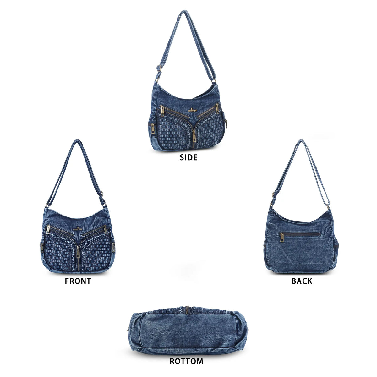 Textured Denim Crescent Shoulder Bag