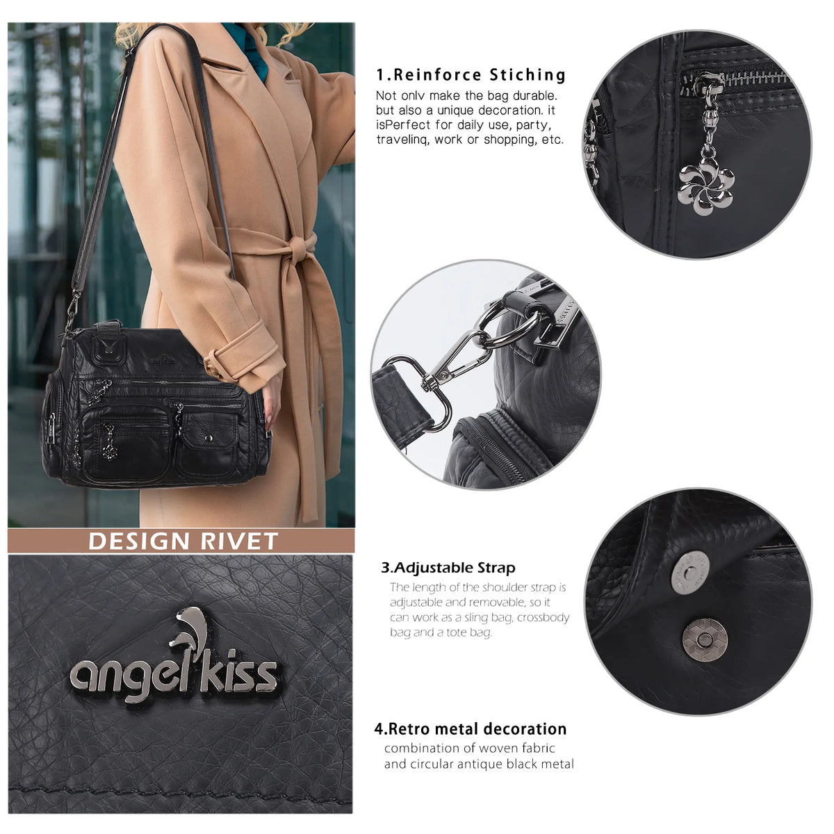 Moto Multi-Zip Shoulder Bag with Wide Handles