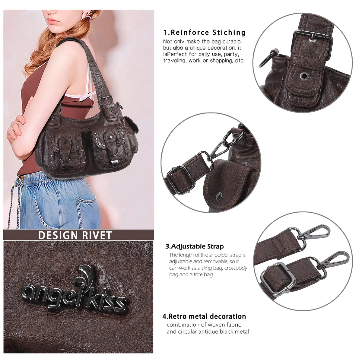 Vintage Studded Multi-Pocket PU Shoulder Bag