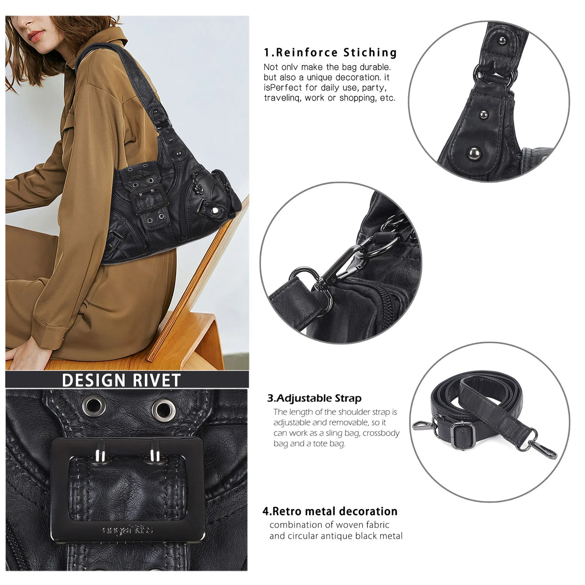 Buckle-Detail Convertible Multi-Pocket Shoulder Bag
