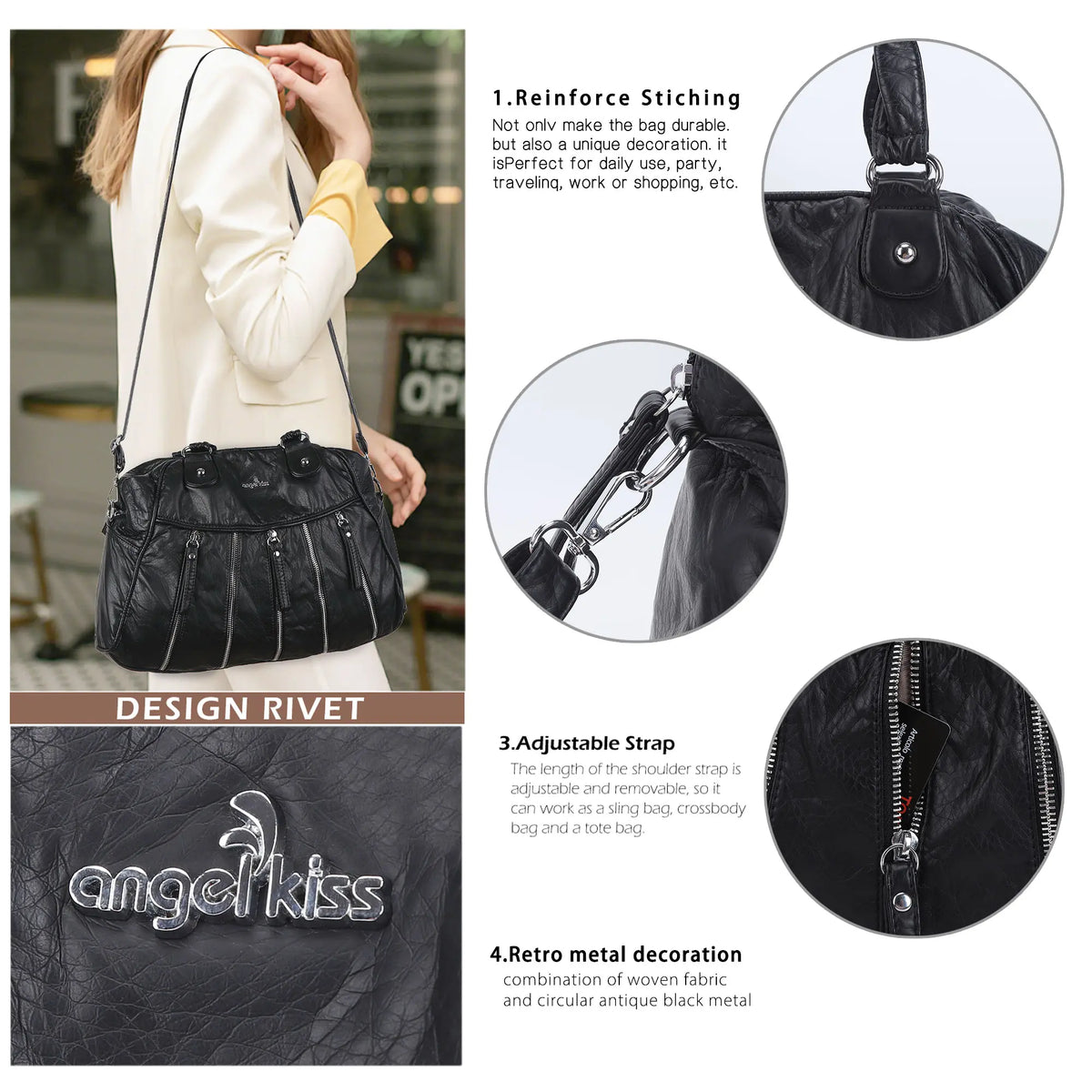 Vintage Vertical-Zip Multi-Pocket Shoulder Bag