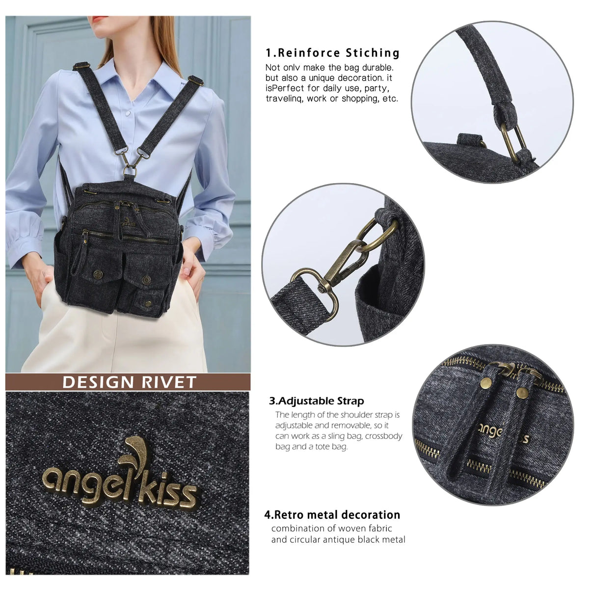 Convertible Denim Twin-Pocket Backpack