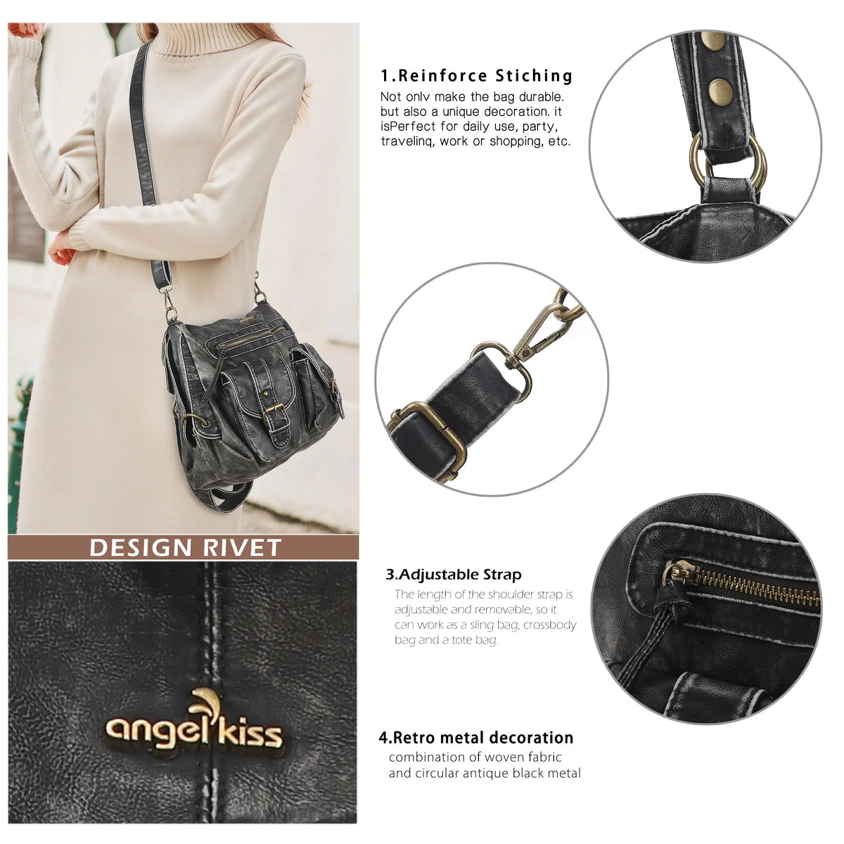 Utility Multi-Pocket PU Hobo Shoulder Bag