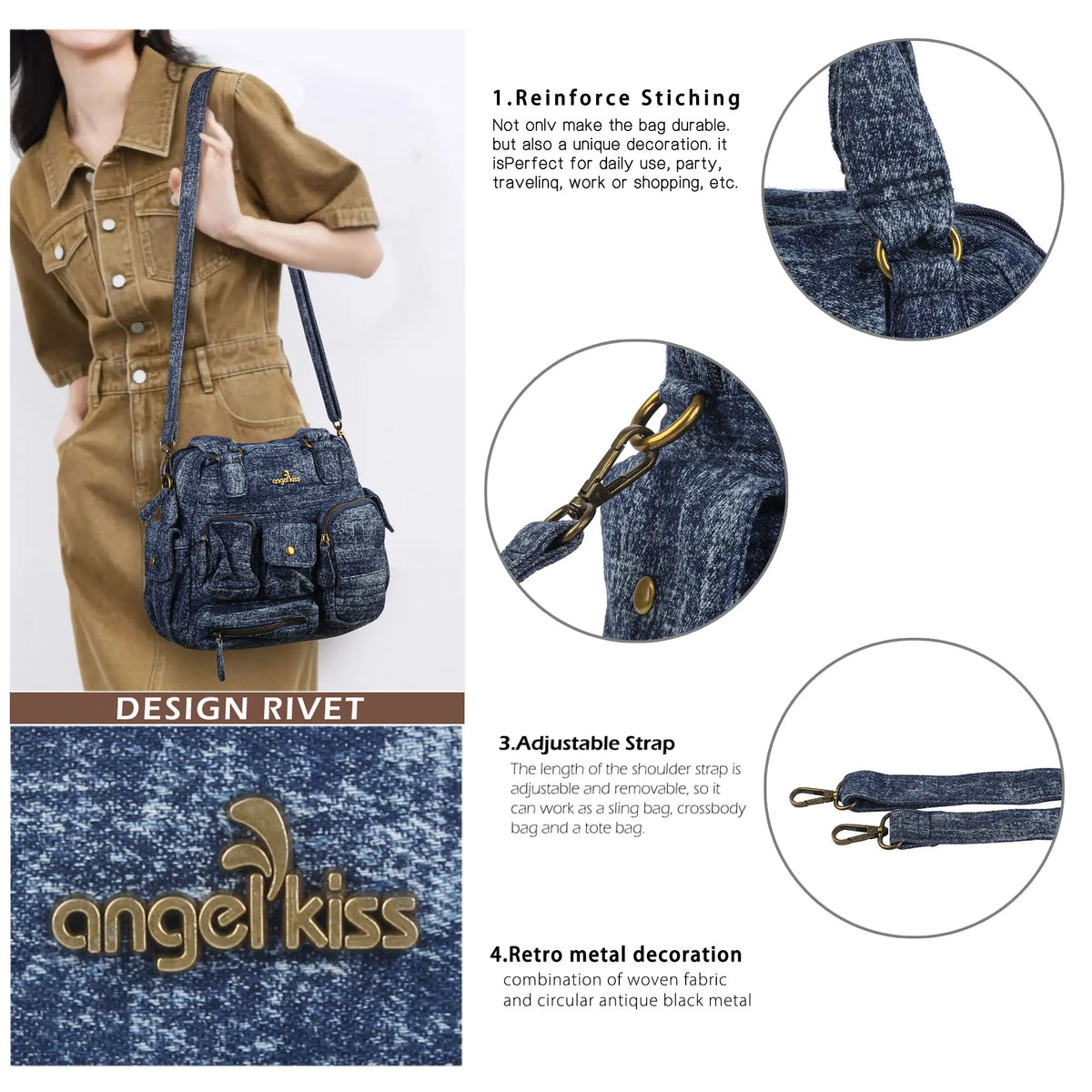 Washed Denim Multi-Pocket Satchel Bag