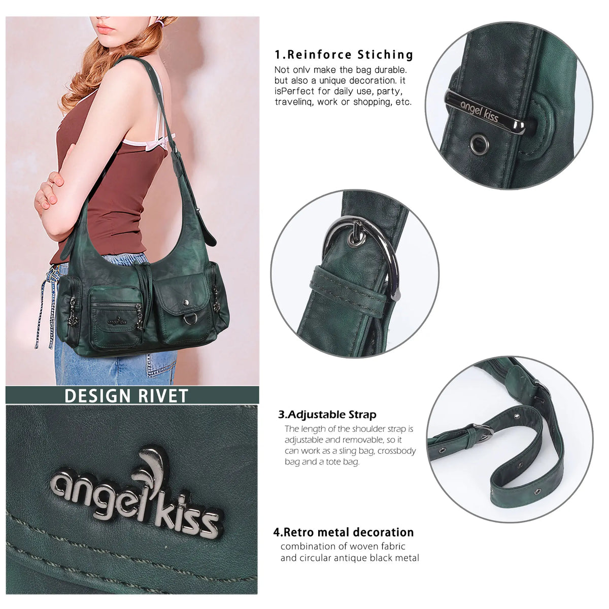 Shoulder Bag – Vintage Crescent with Flower Zip Charms