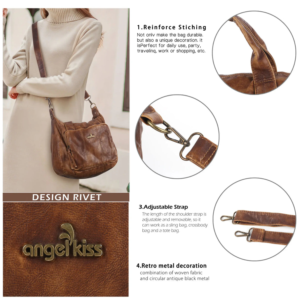 Vintage Washed PU Front-Pocket Satchel Bag