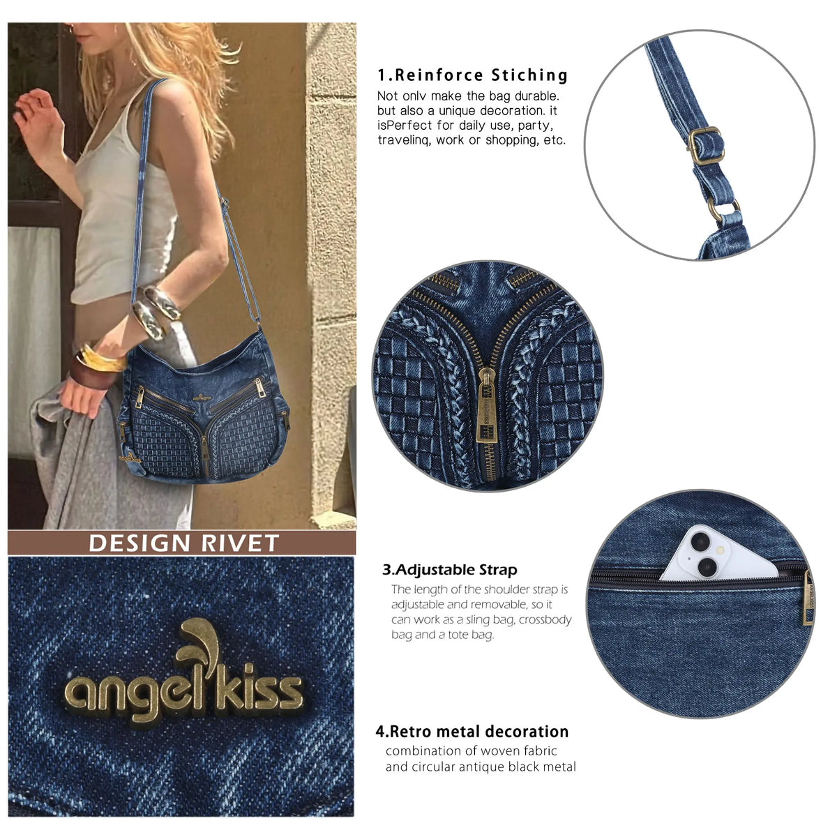 Textured Denim Crescent Shoulder Bag
