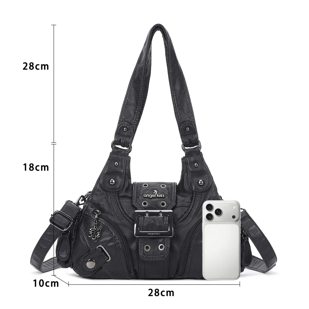 Buckle-Detail Convertible Multi-Pocket Shoulder Bag