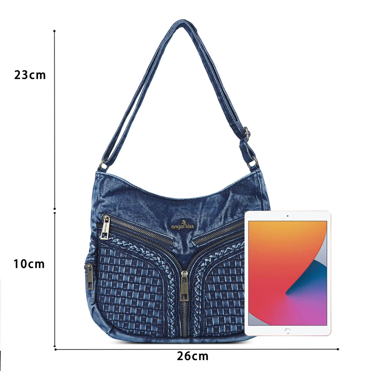 Textured Denim Crescent Shoulder Bag