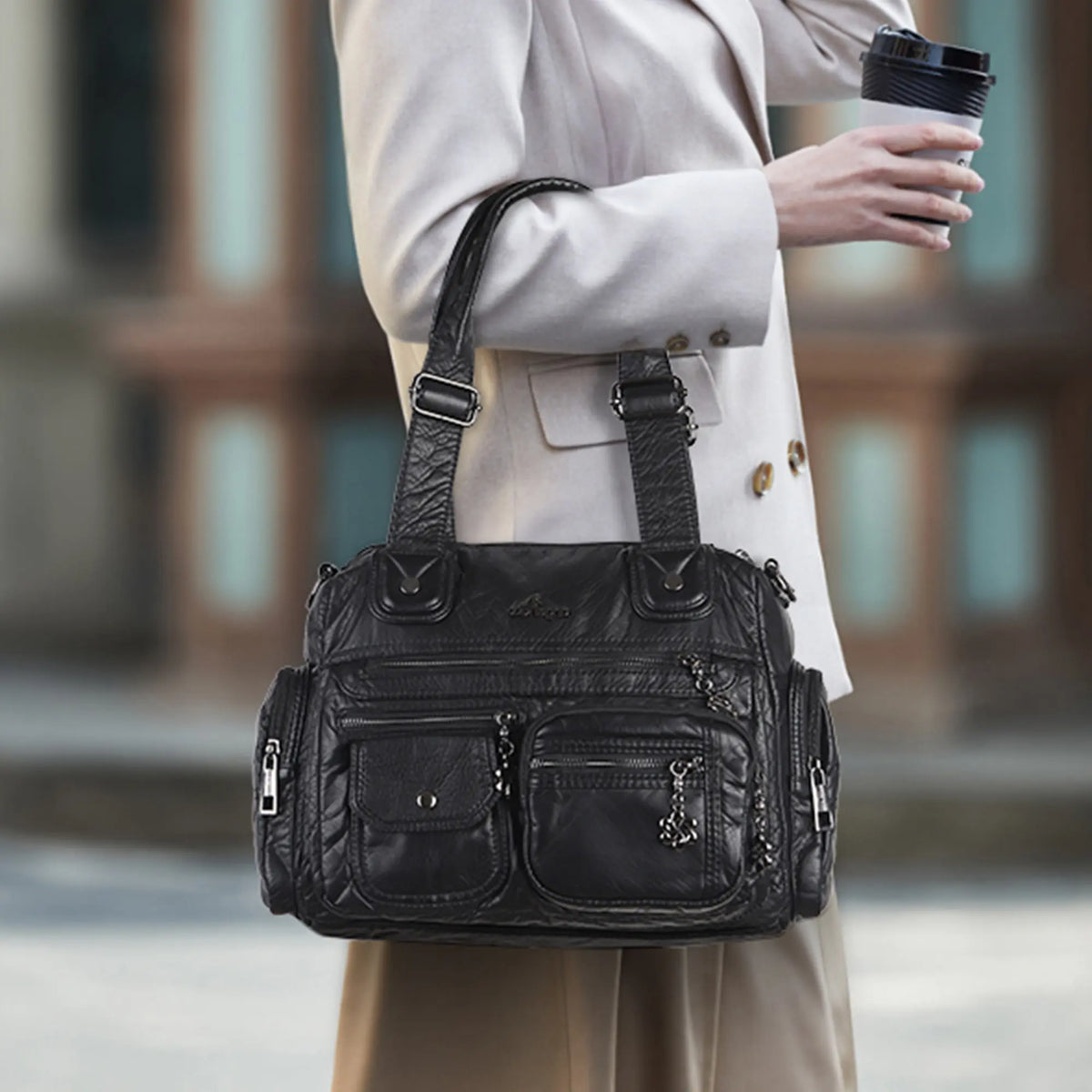 Moto Multi-Zip Shoulder Bag with Wide Handles