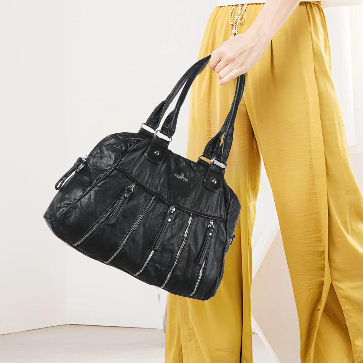 Vintage Vertical-Zip Multi-Pocket Shoulder Bag