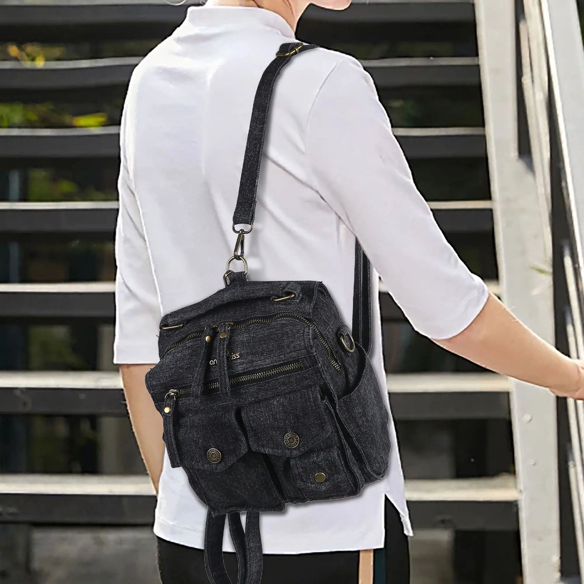 Convertible Denim Twin-Pocket Backpack