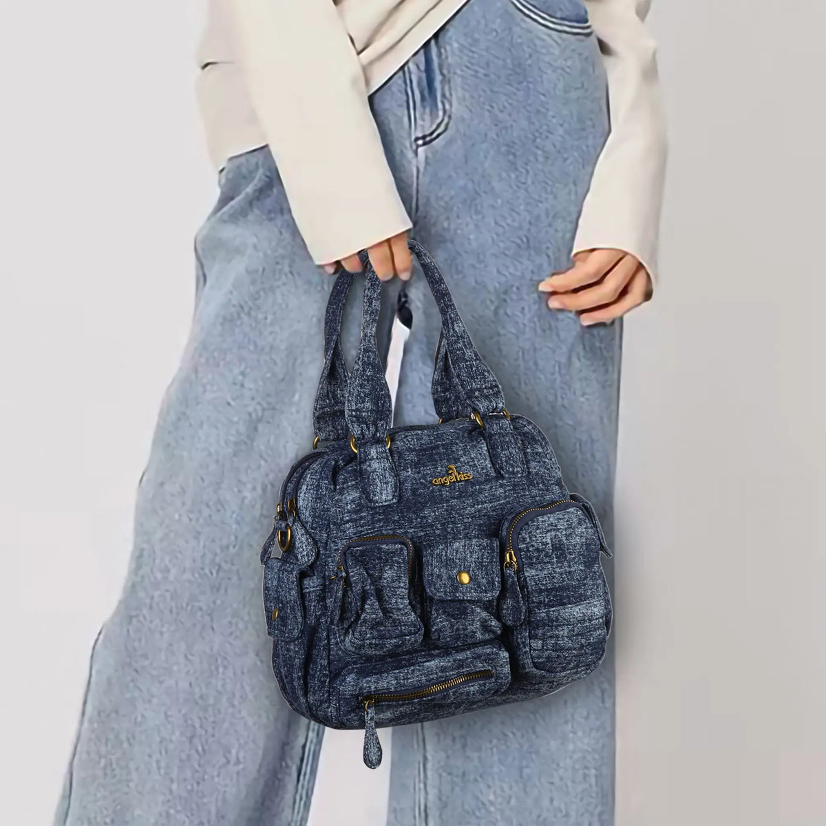 Washed Denim Multi-Pocket Satchel Bag
